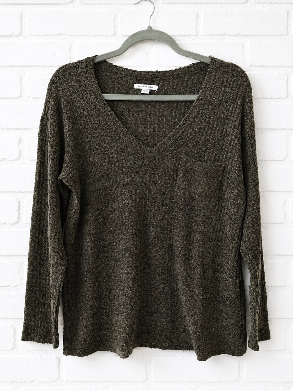 American Eagle V-Neck Pocket Waffle Knit Women's Long Sleeve Cozy top - Small